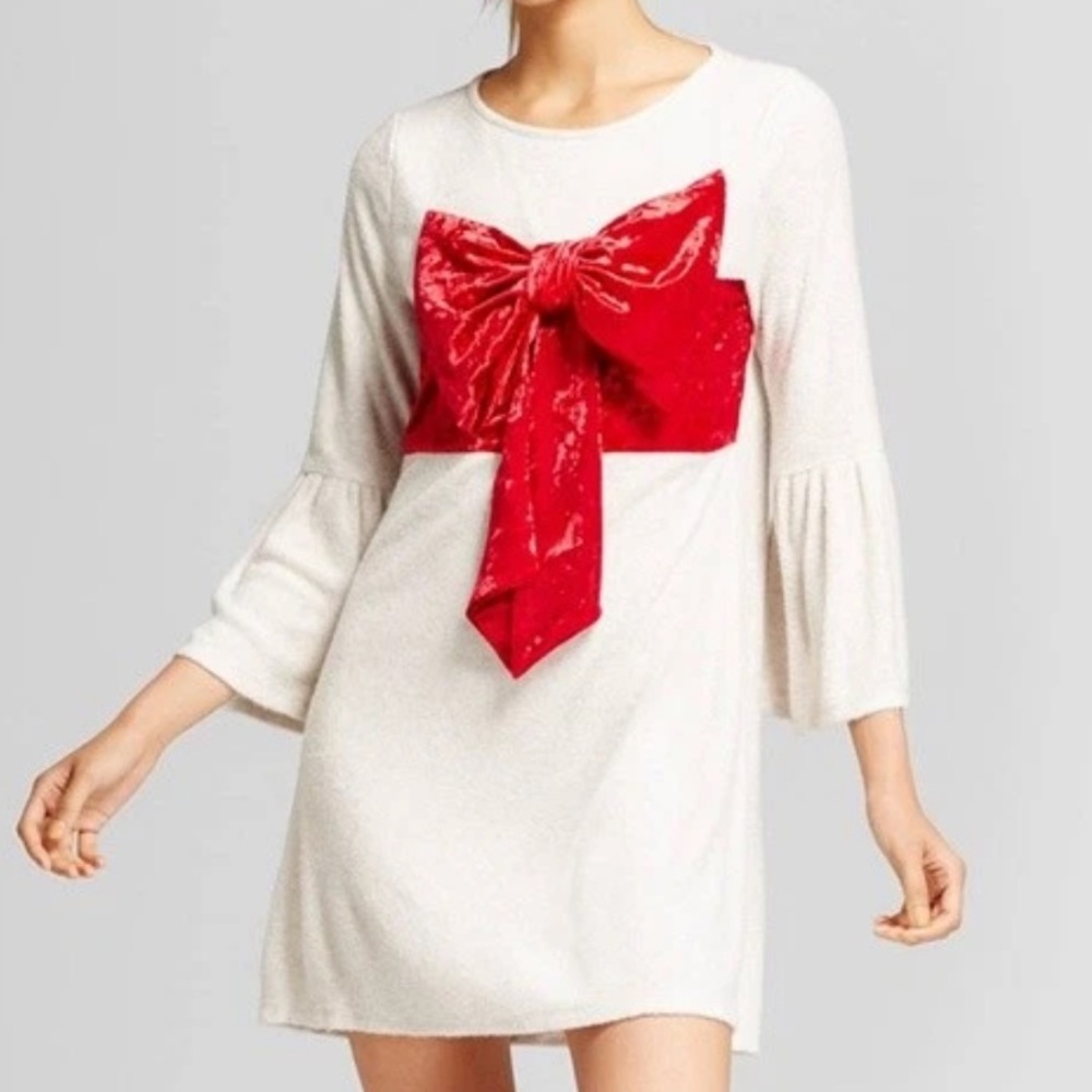 Xhilaration Holiday Present Dress XL Cream Velvet Bow Christmas Party Costume